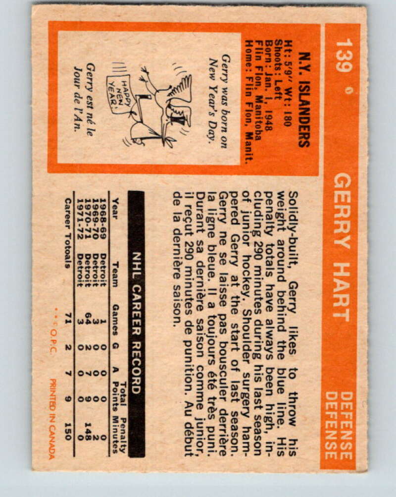 1972-73 O-Pee-Chee #139 Gerry Hart RC Rookie New York Islanders V3889