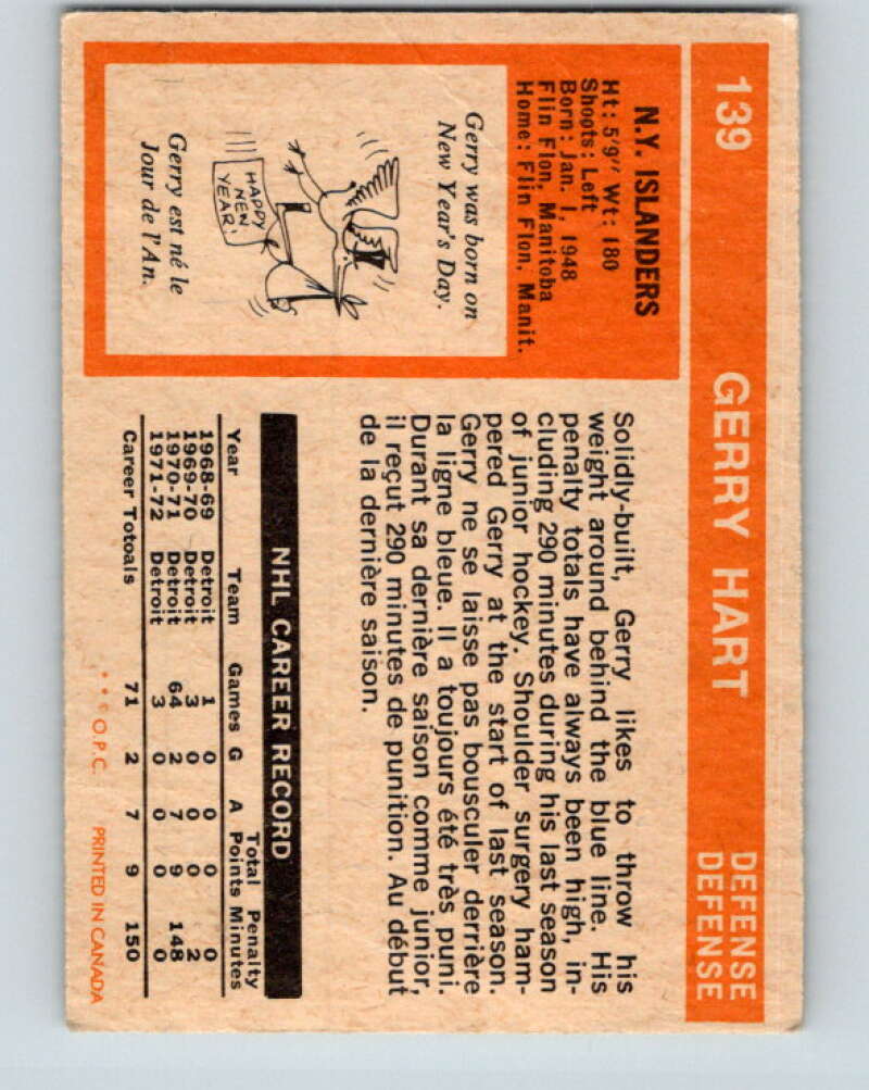 1972-73 O-Pee-Chee #139 Gerry Hart RC Rookie New York Islanders V3890