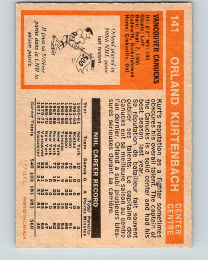 1972-73 O-Pee-Chee #141 Orland Kurtenbach Vancouver Canucks V3892