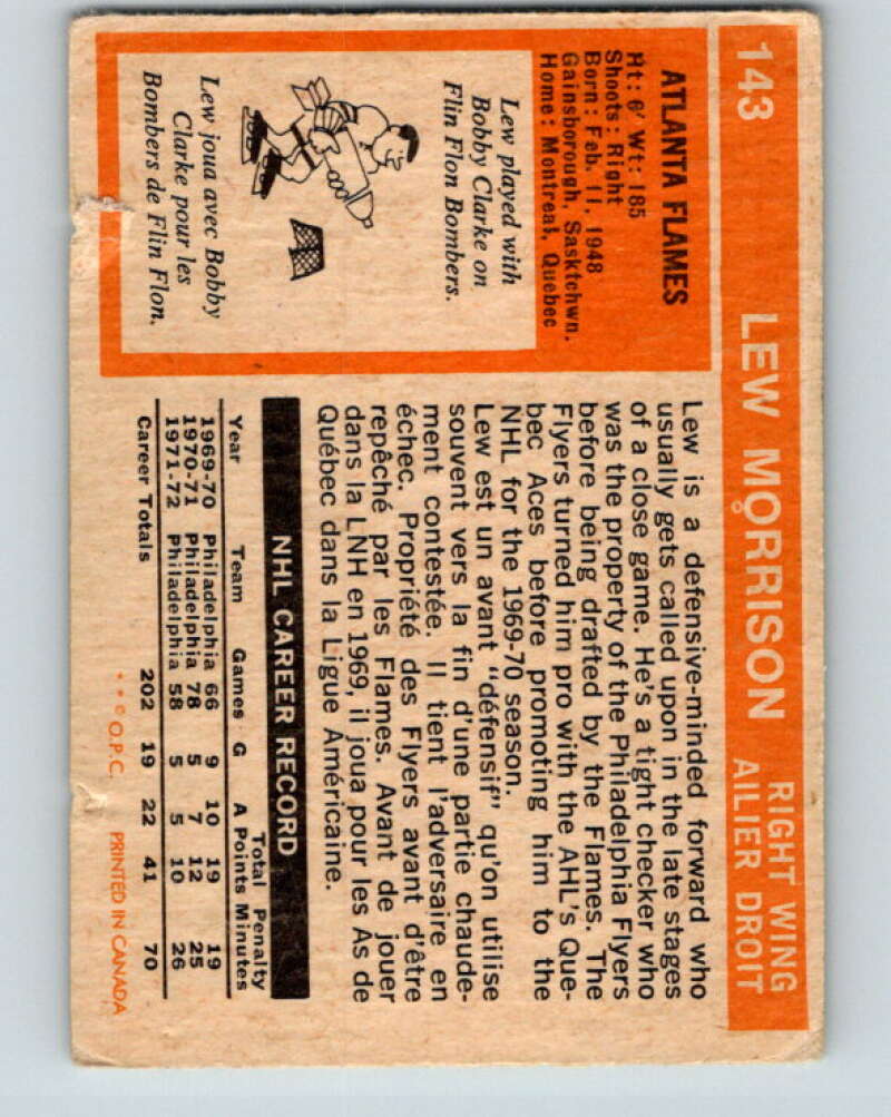1972-73 O-Pee-Chee #143 Lew Morrison Atlanta Flames V3896