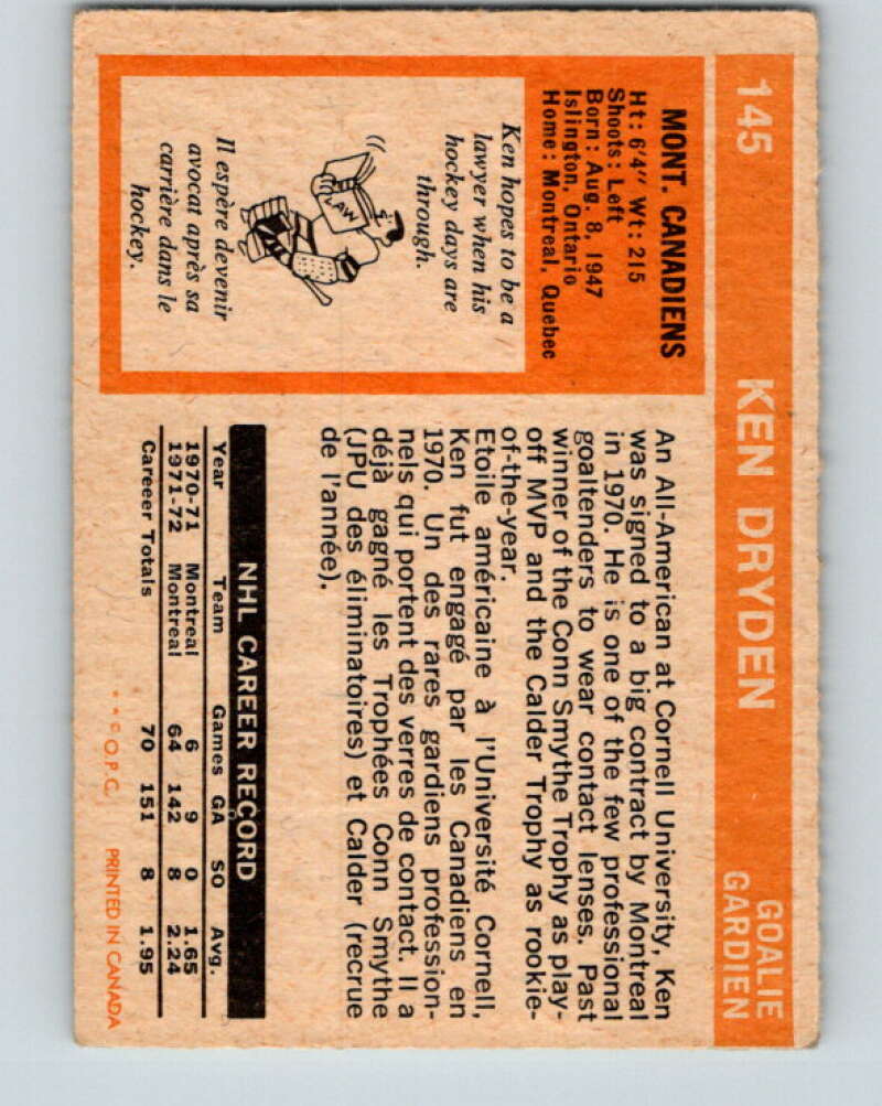 1972-73 O-Pee-Chee #145 Ken Dryden Montreal Canadiens V3898