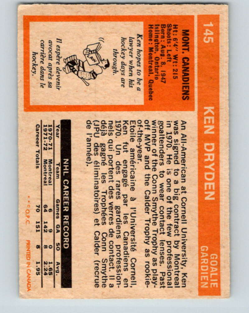 1972-73 O-Pee-Chee #145 Ken Dryden Montreal Canadiens V3899