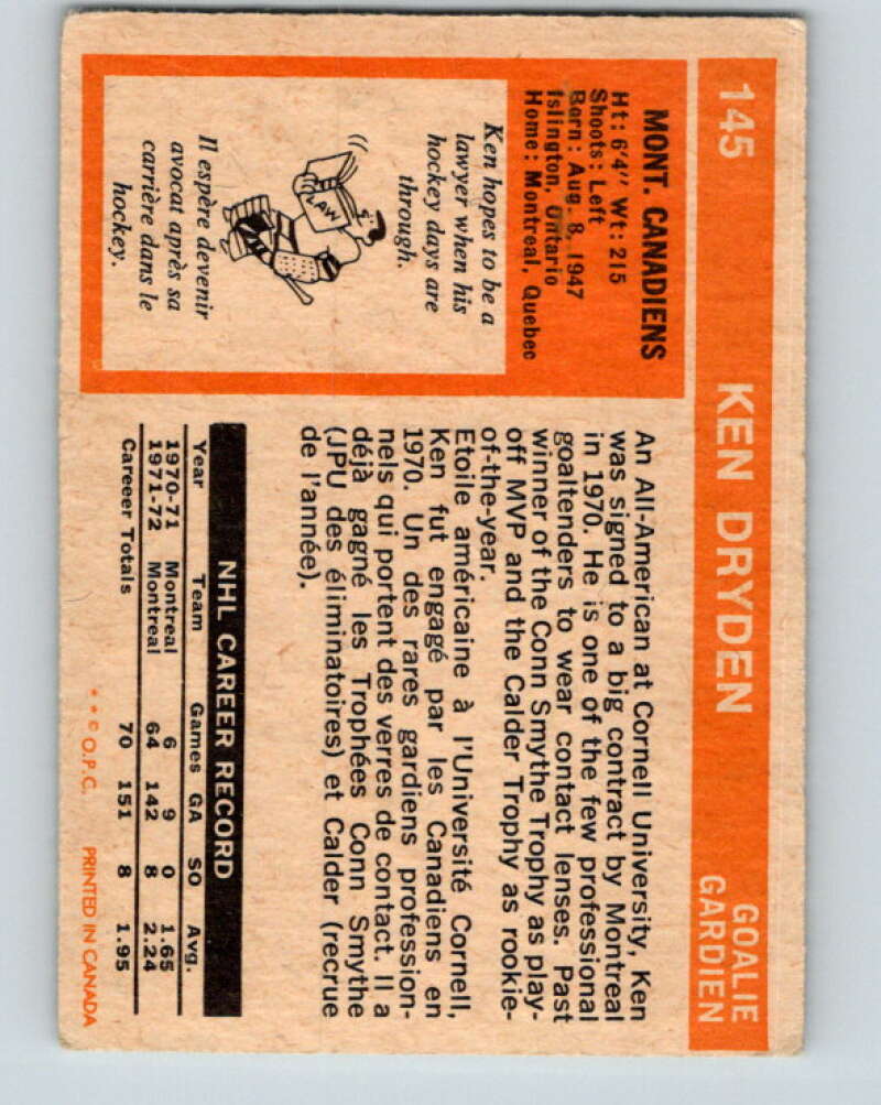 1972-73 O-Pee-Chee #145 Ken Dryden Montreal Canadiens V3901