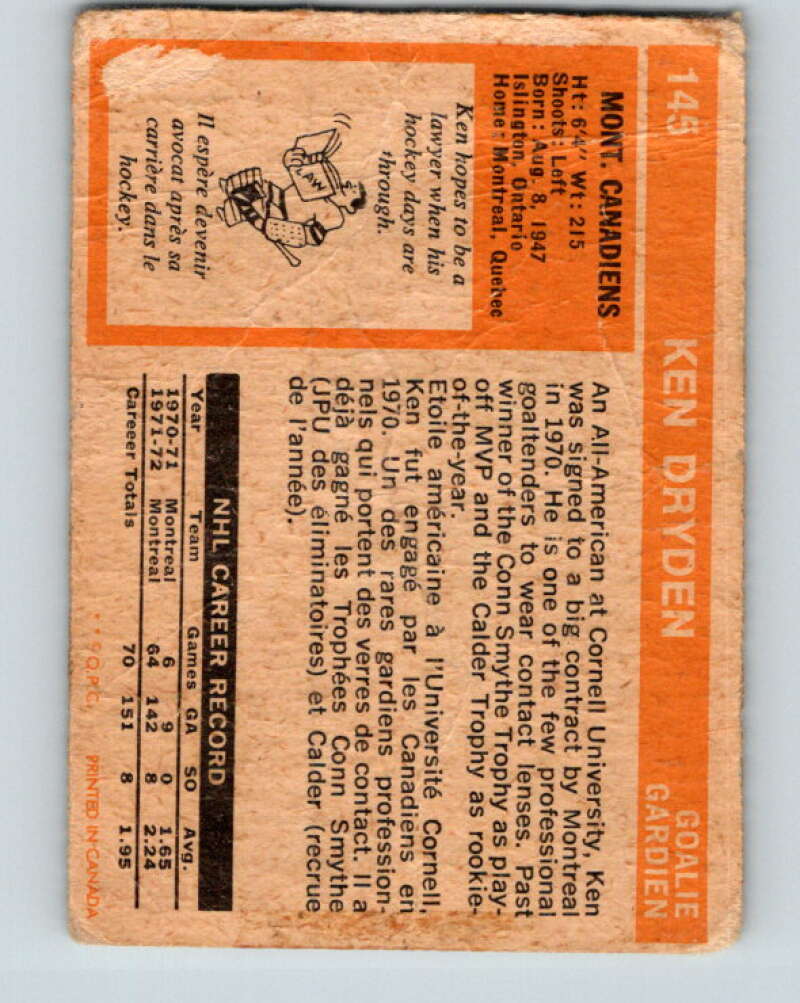 1972-73 O-Pee-Chee #145 Ken Dryden Montreal Canadiens V3902