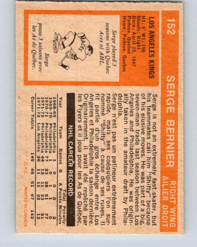 1972-73 O-Pee-Chee #152 Serge Bernier Los Angeles Kings V3922