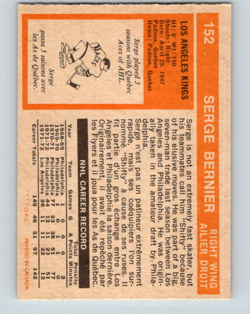 1972-73 O-Pee-Chee #152 Serge Bernier Los Angeles Kings V3923