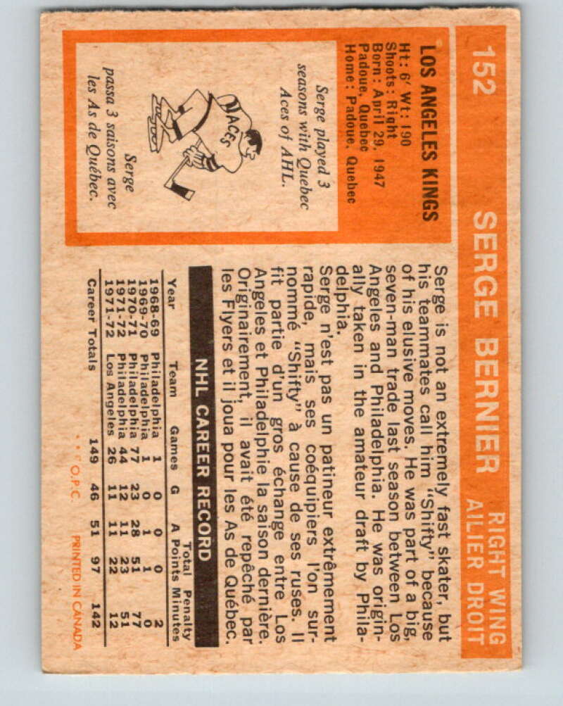 1972-73 O-Pee-Chee #152 Serge Bernier Los Angeles Kings V3925