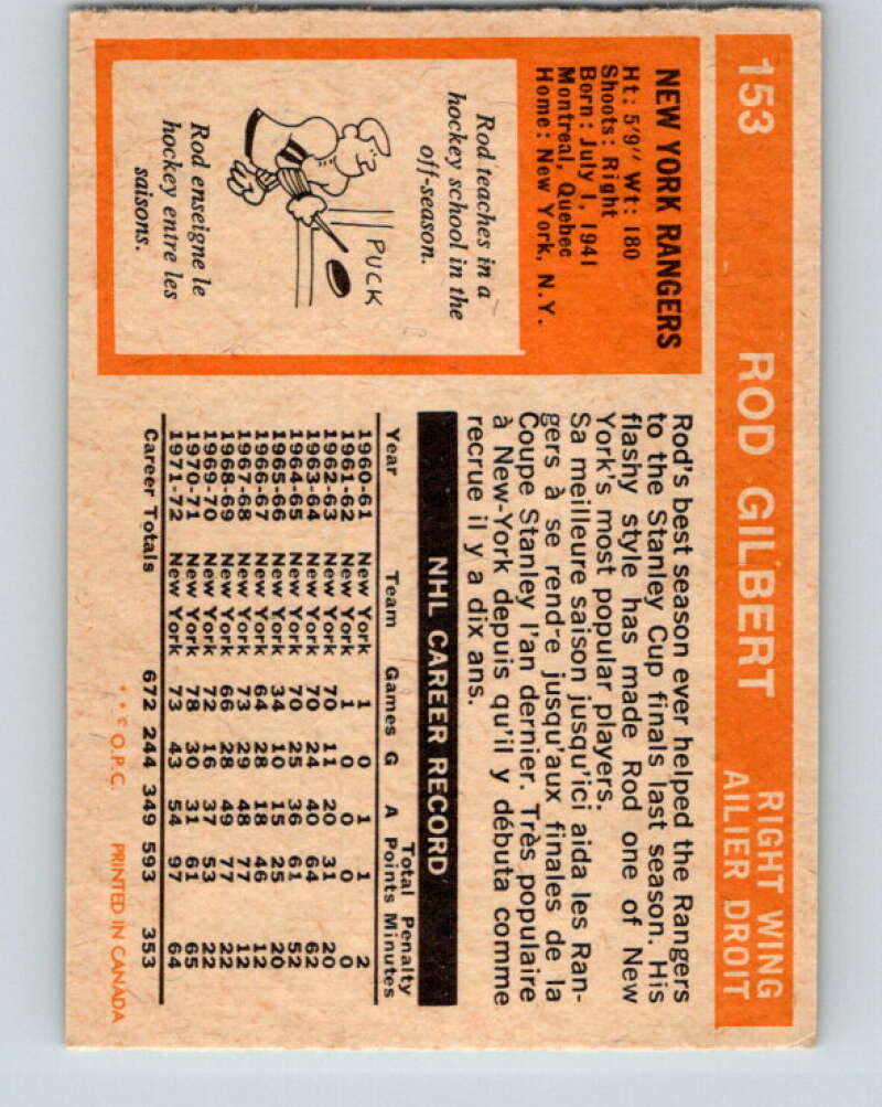 1972-73 O-Pee-Chee #153 Rod Gilbert New York Rangers V3926