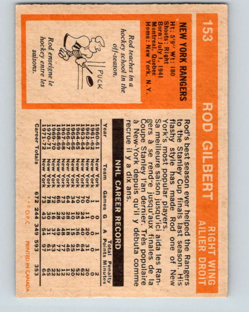 1972-73 O-Pee-Chee #153 Rod Gilbert New York Rangers V3928