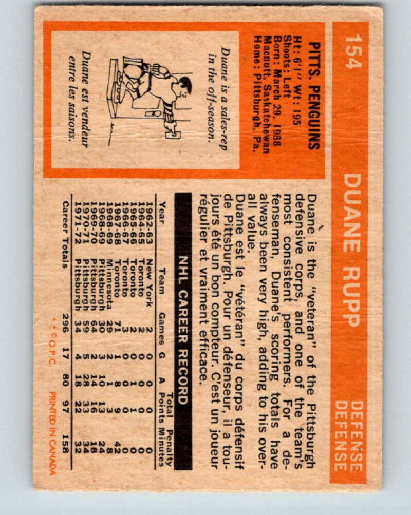 1972-73 O-Pee-Chee #154 Duane Rupp Pittsburgh Penguins V3929