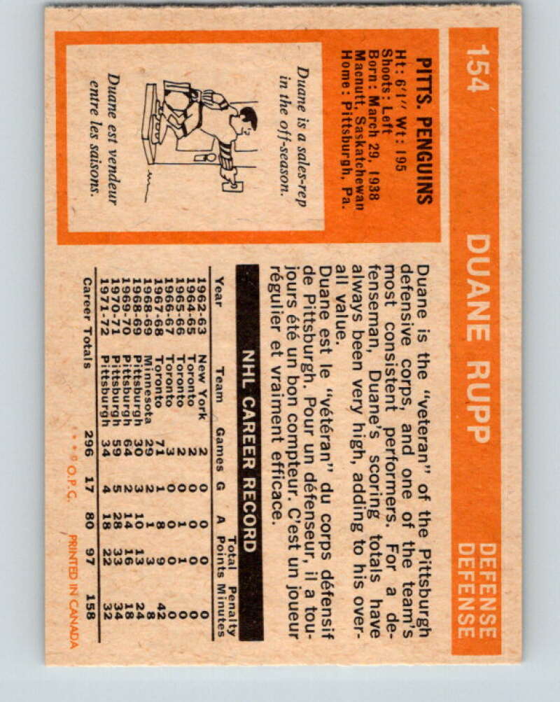 1972-73 O-Pee-Chee #154 Duane Rupp Pittsburgh Penguins V3930