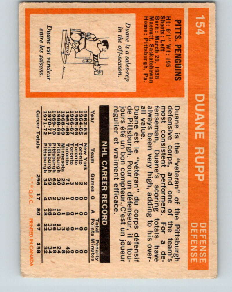 1972-73 O-Pee-Chee #154 Duane Rupp Pittsburgh Penguins V3933