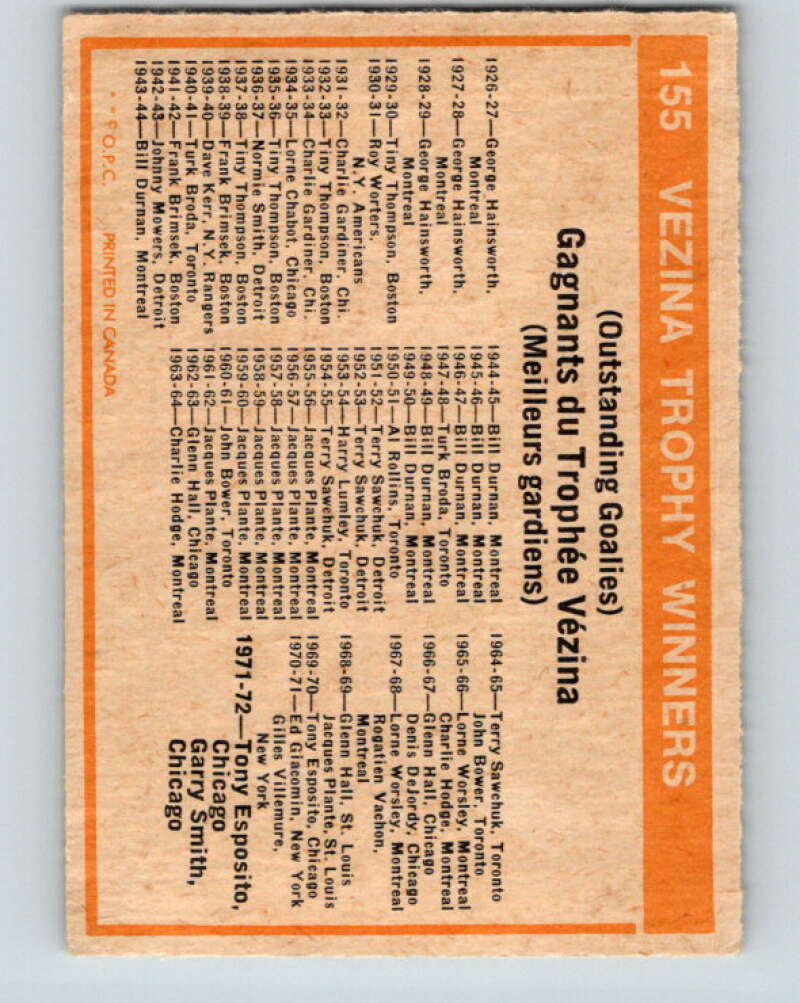 1972-73 O-Pee-Chee #155 Vezina Trophy Winners V3934