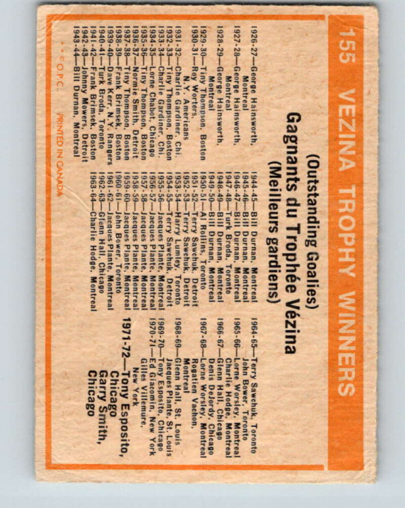 1972-73 O-Pee-Chee #155 Vezina Trophy Winners V3935