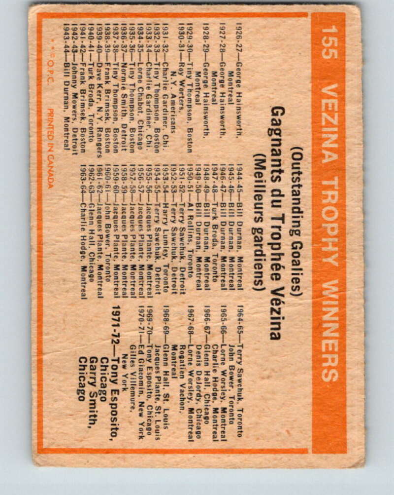 1972-73 O-Pee-Chee #155 Vezina Trophy Winners V3937