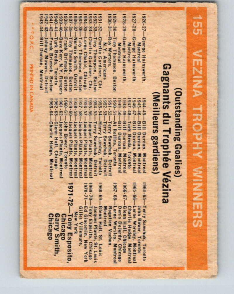 1972-73 O-Pee-Chee #155 Vezina Trophy Winners V3938