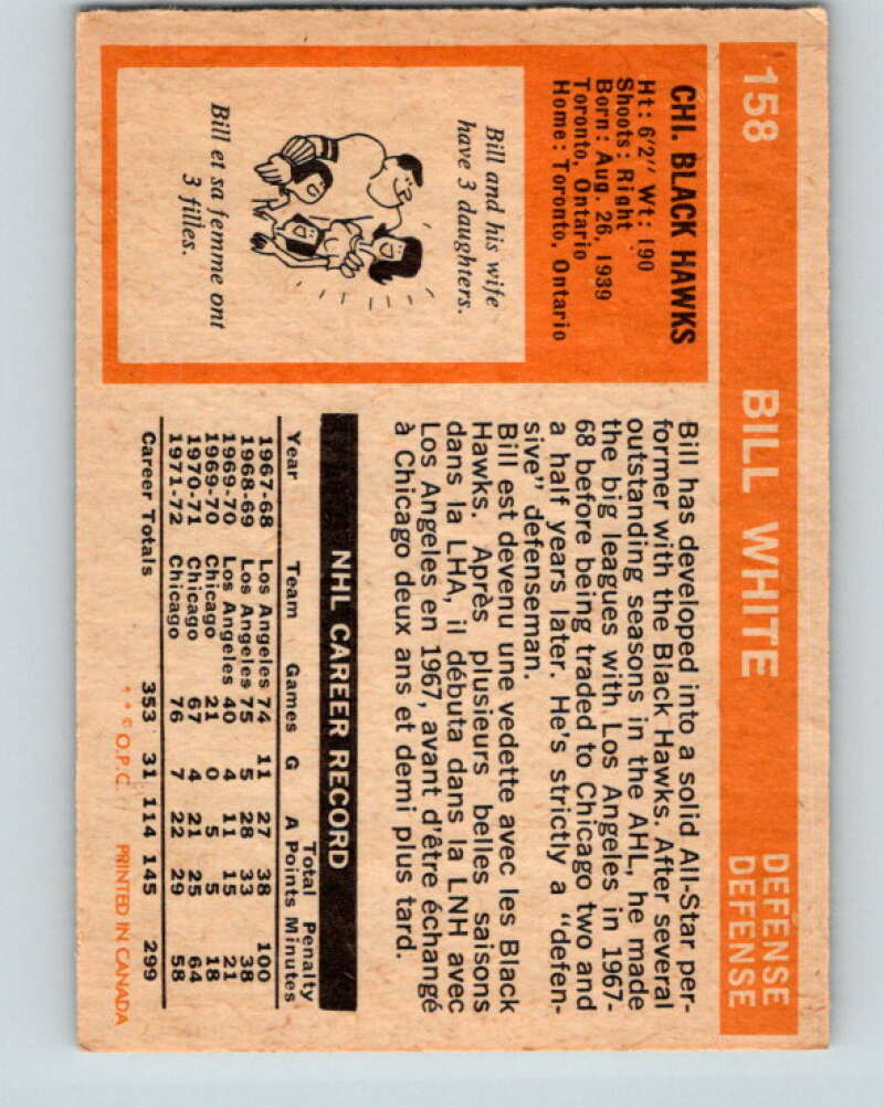 1972-73 O-Pee-Chee #158 Bill White Chicago Blackhawks V3945