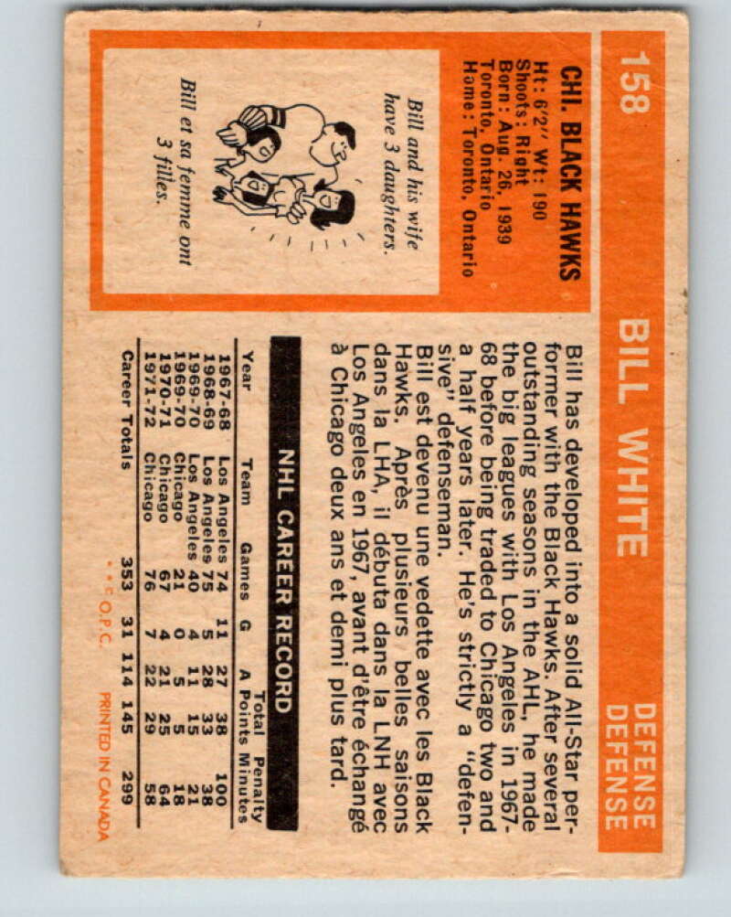 1972-73 O-Pee-Chee #158 Bill White Chicago Blackhawks V3947