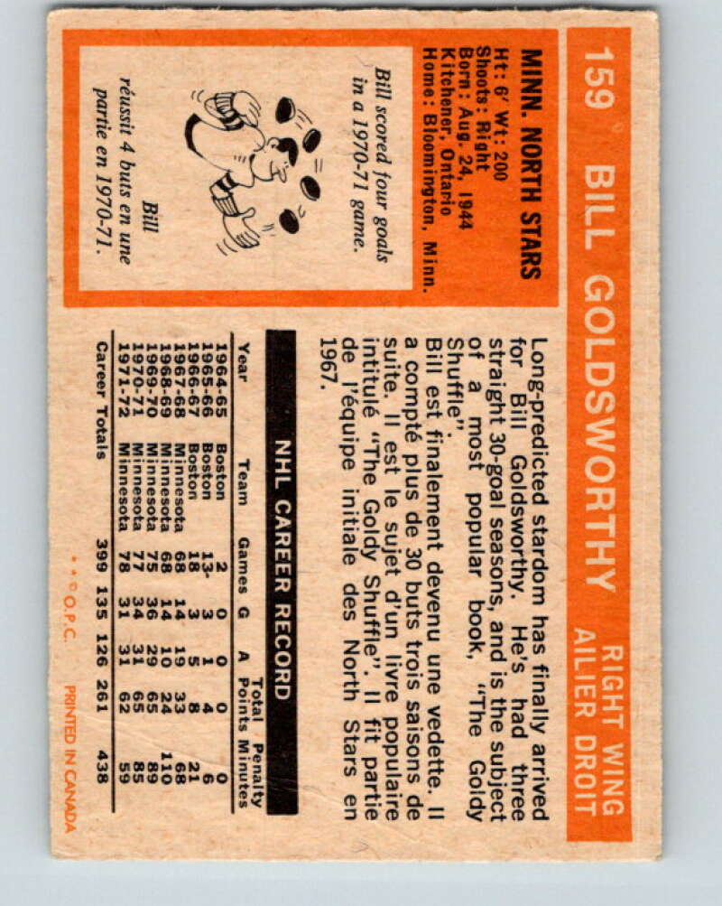 1972-73 O-Pee-Chee #159 Bill Goldsworthy Minnesota North Stars V3949