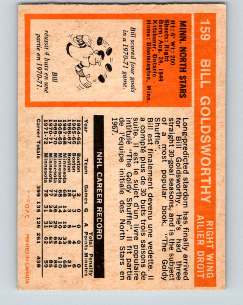 1972-73 O-Pee-Chee #159 Bill Goldsworthy Minnesota North Stars V3950