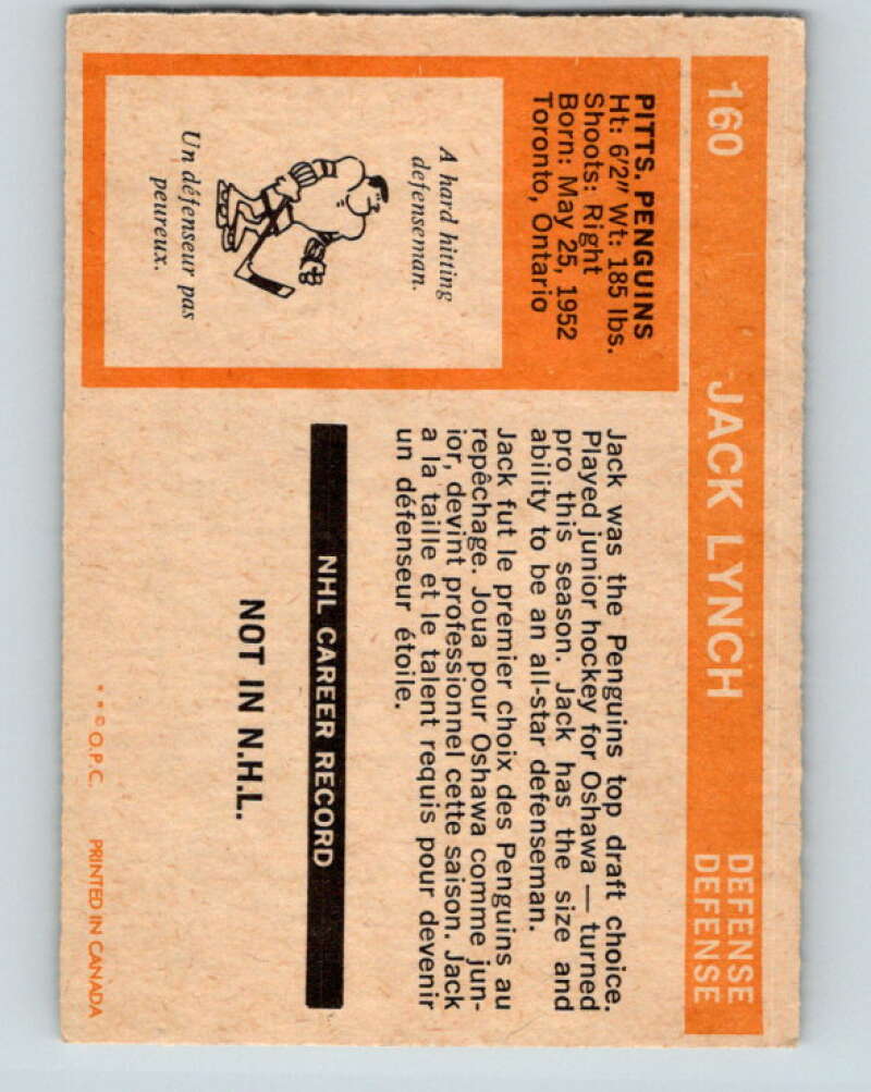 1972-73 O-Pee-Chee #160 Jack Lynch RC Rookie Pittsburgh Penguins V3951