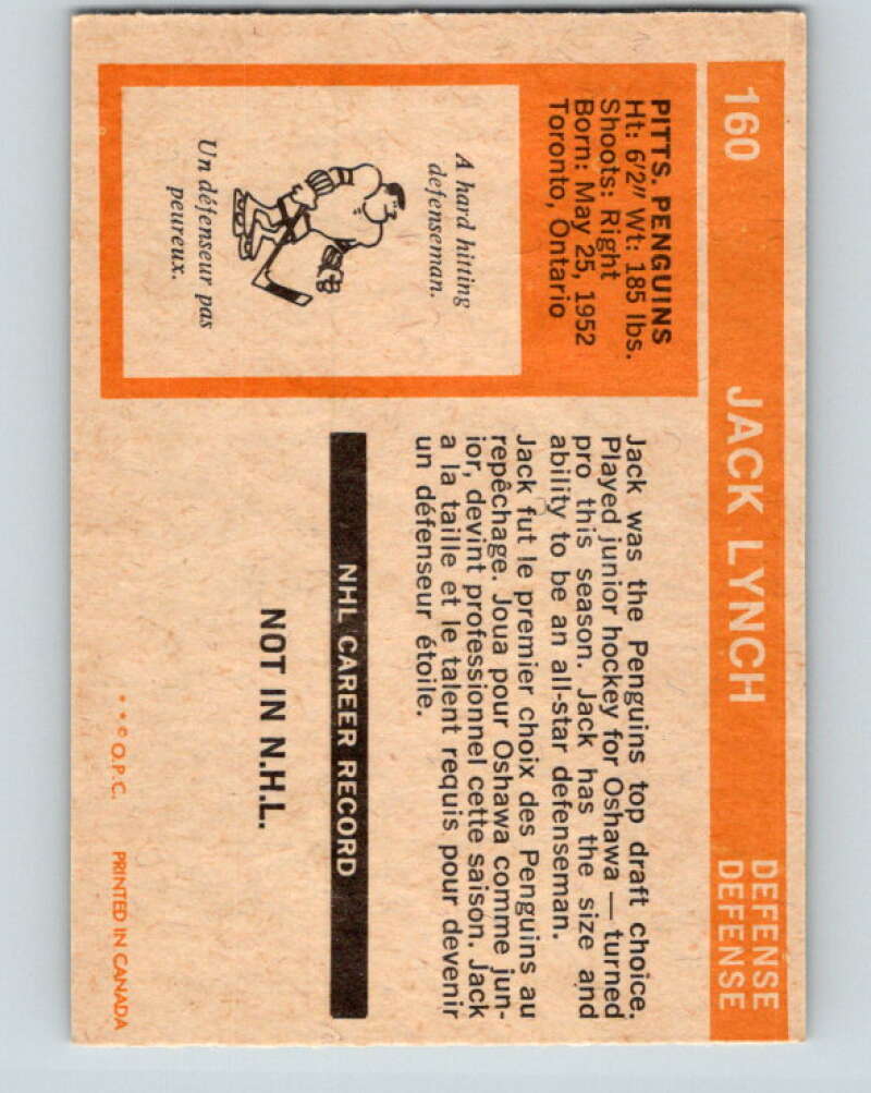 1972-73 O-Pee-Chee #160 Jack Lynch RC Rookie Pittsburgh Penguins V3952