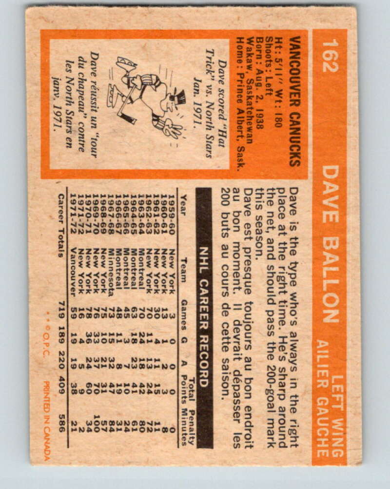 1972-73 O-Pee-Chee #162 Dave Balon UER Vancouver Canucks V3955