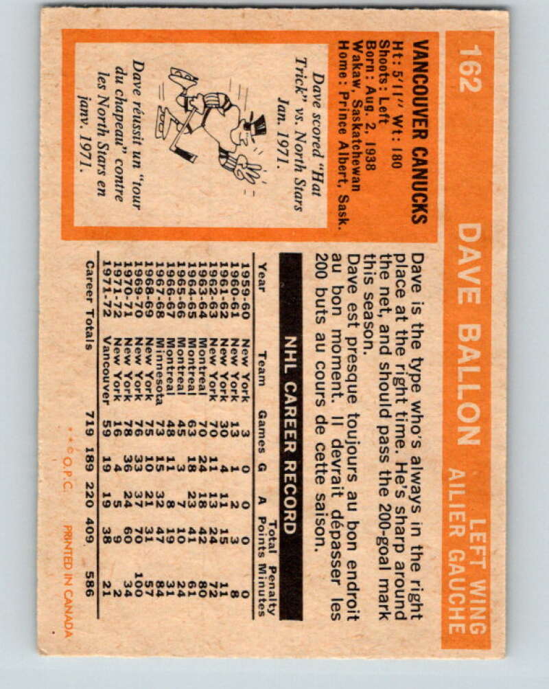 1972-73 O-Pee-Chee #162 Dave Balon UER Vancouver Canucks V3958