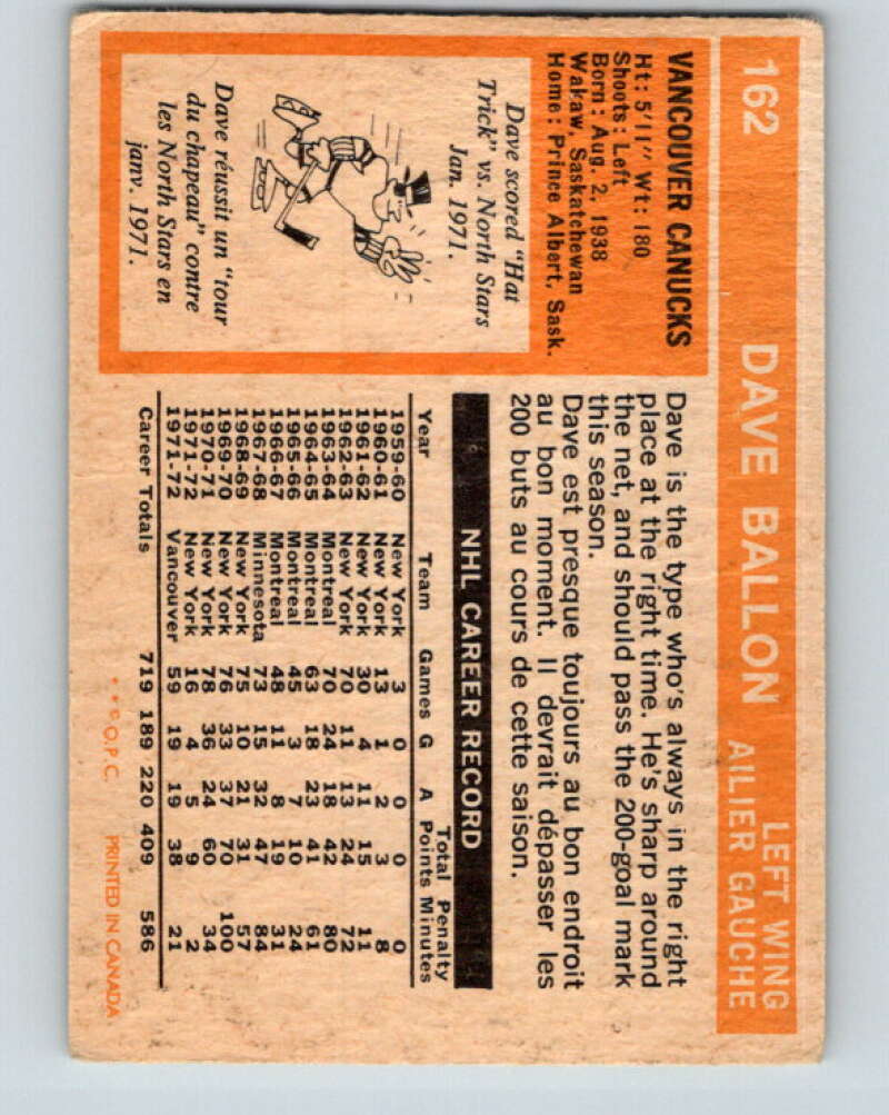 1972-73 O-Pee-Chee #162 Dave Balon UER Vancouver Canucks V3959