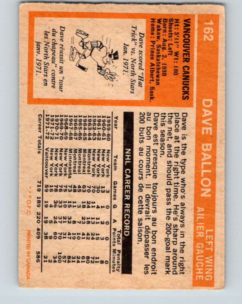 1972-73 O-Pee-Chee #162 Dave Balon UER Vancouver Canucks V3960