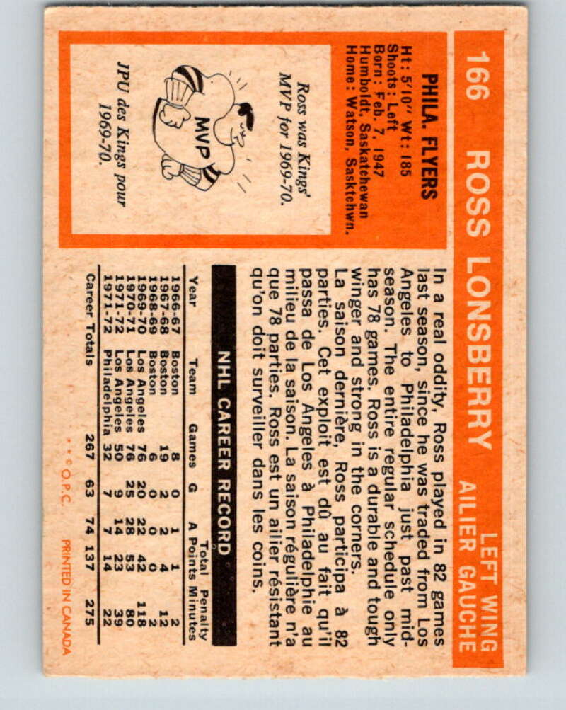 1972-73 O-Pee-Chee #166 Ross Lonsberry Philadelphia Flyers V3977