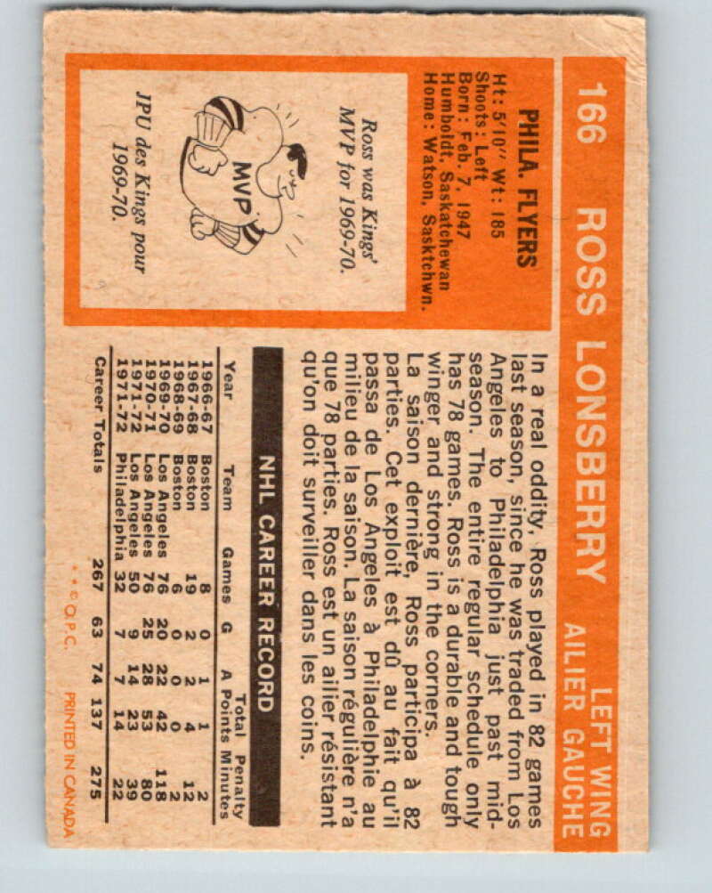 1972-73 O-Pee-Chee #166 Ross Lonsberry Philadelphia Flyers V3979