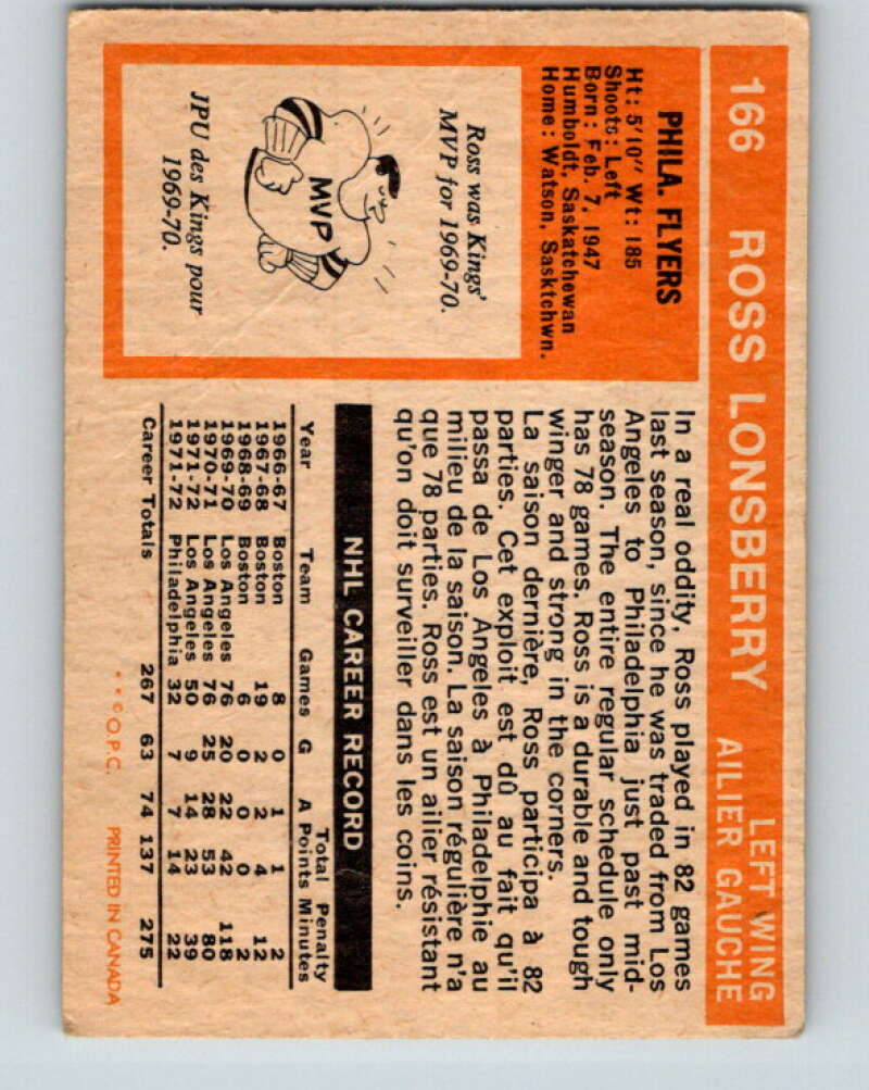 1972-73 O-Pee-Chee #166 Ross Lonsberry Philadelphia Flyers V3981