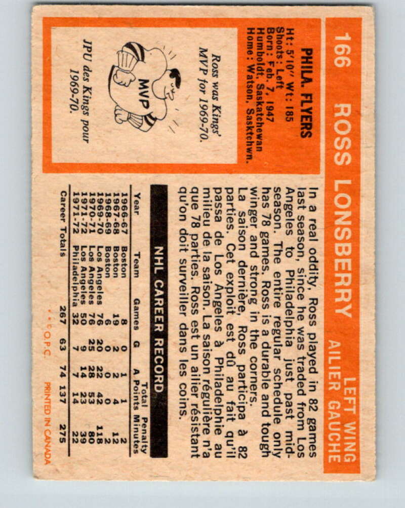 1972-73 O-Pee-Chee #166 Ross Lonsberry Philadelphia Flyers V3982