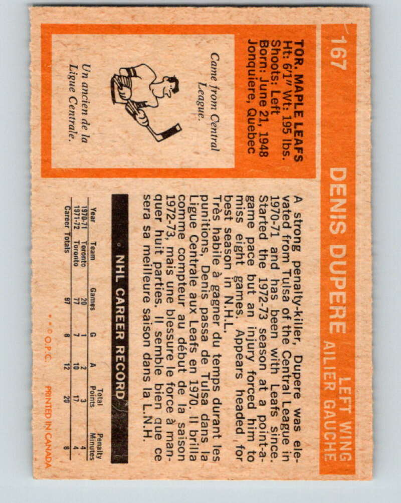 1972-73 O-Pee-Chee #167 Denis Dupere Toronto Maple Leafs V3985