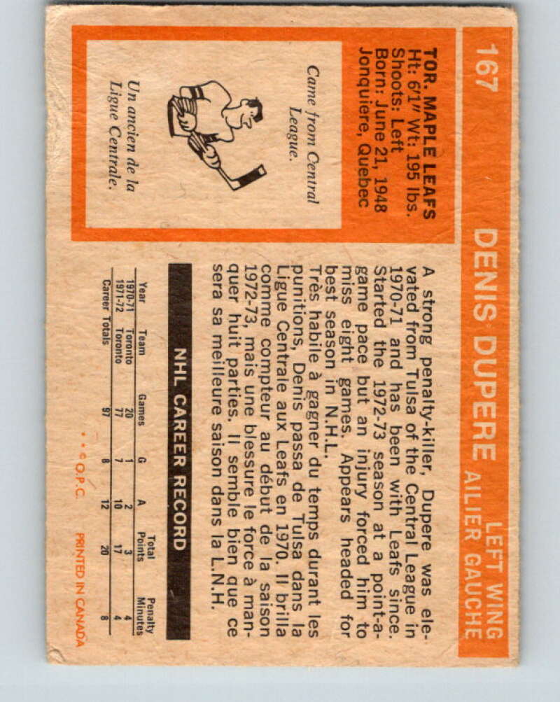 1972-73 O-Pee-Chee #167 Denis Dupere Toronto Maple Leafs V3986