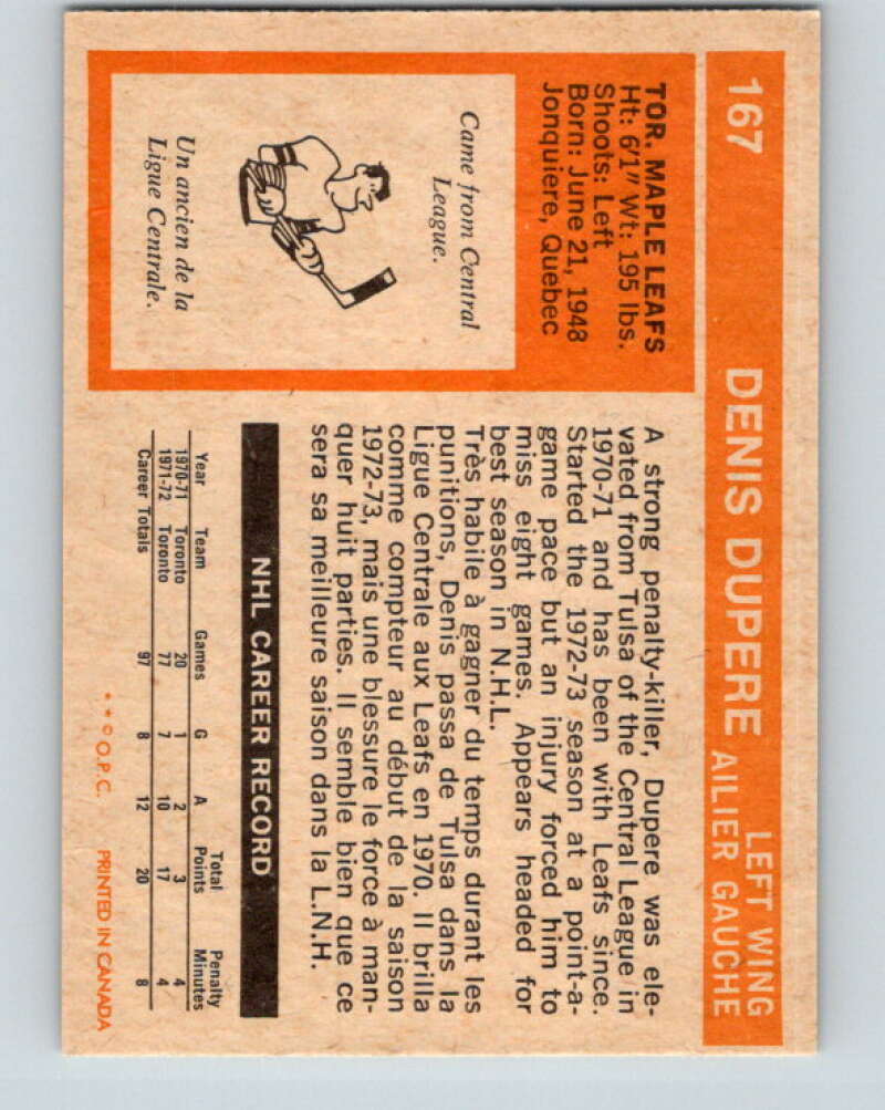 1972-73 O-Pee-Chee #167 Denis Dupere Toronto Maple Leafs V3987