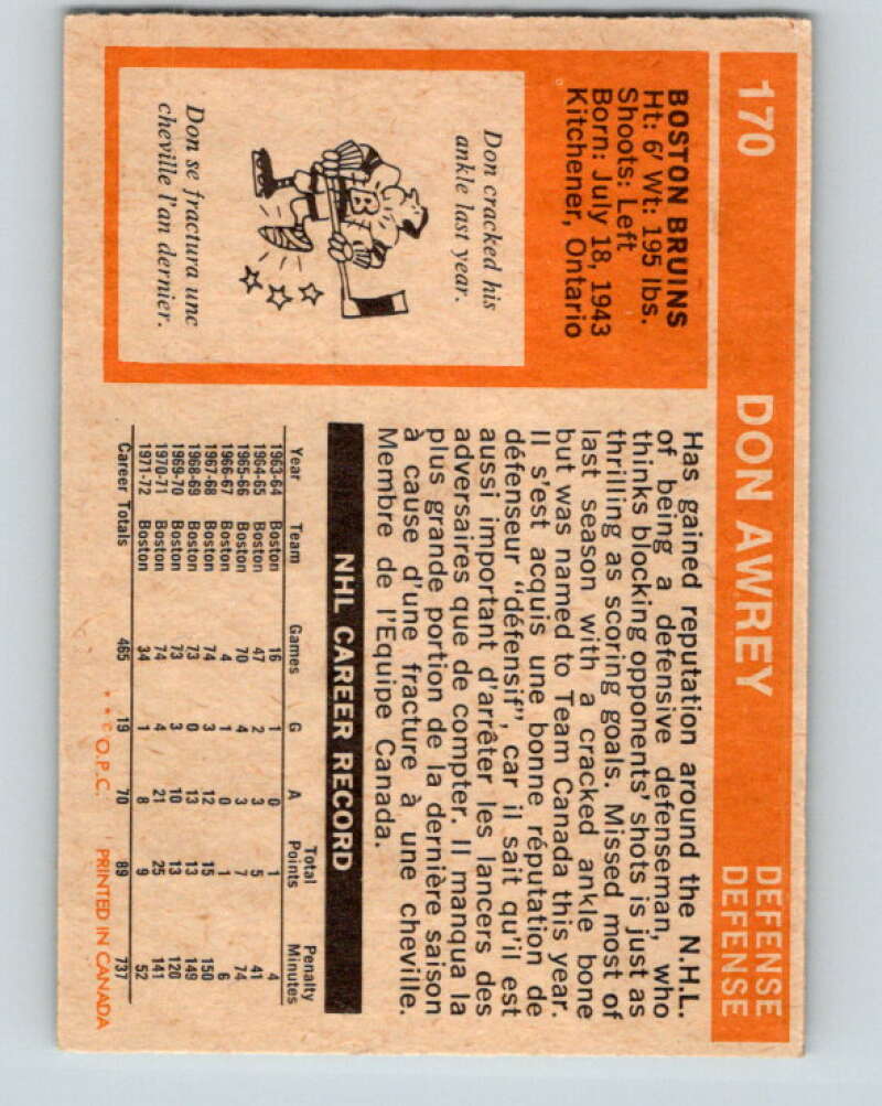1972-73 O-Pee-Chee #170 Don Awrey Boston Bruins V3995