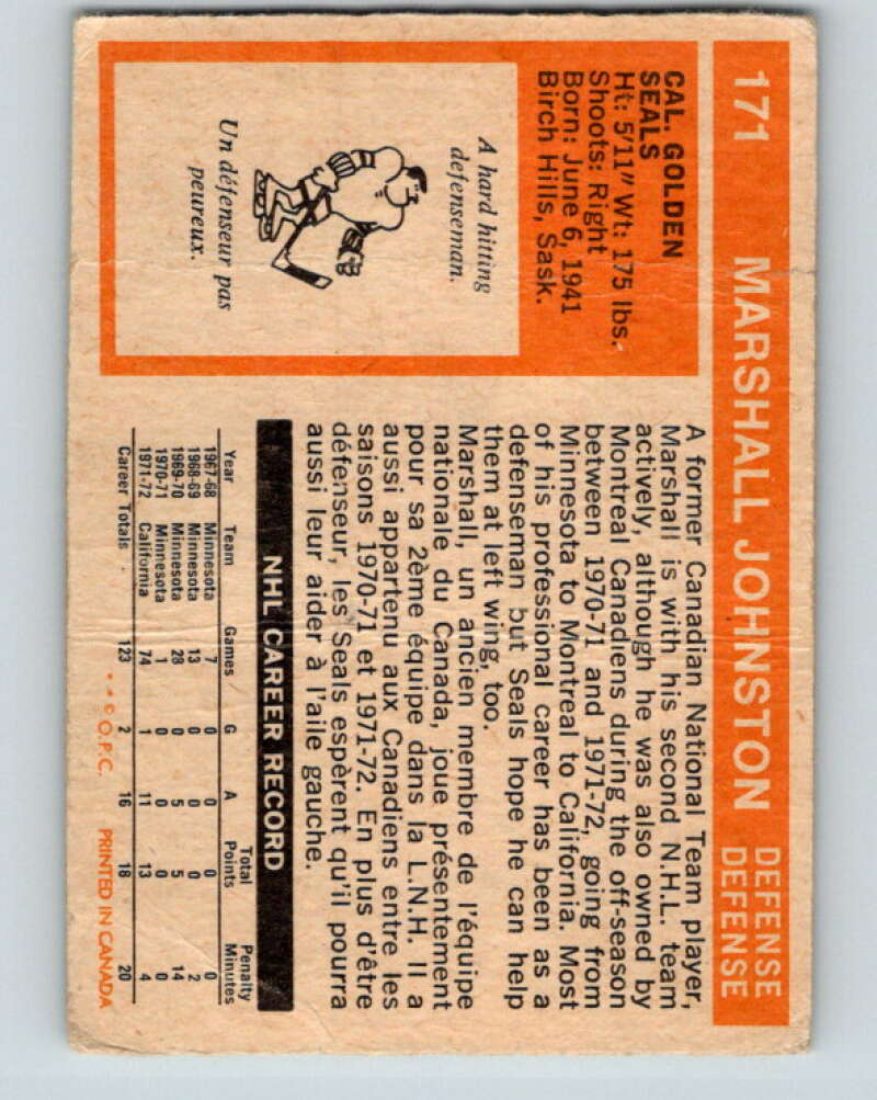 1972-73 O-Pee-Chee #171 Marshall Johnston RC Rookie California Golden Seals V3998