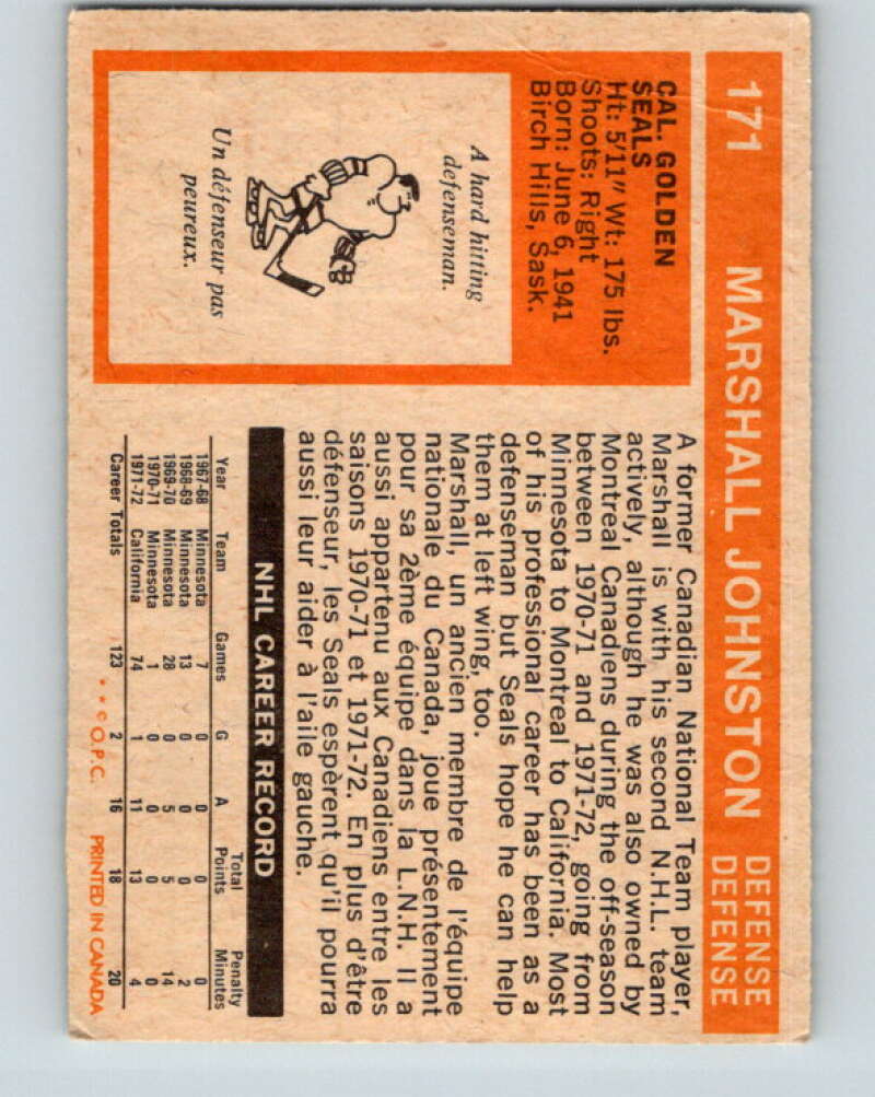 1972-73 O-Pee-Chee #171 Marshall Johnston RC Rookie California Golden Seals V3999