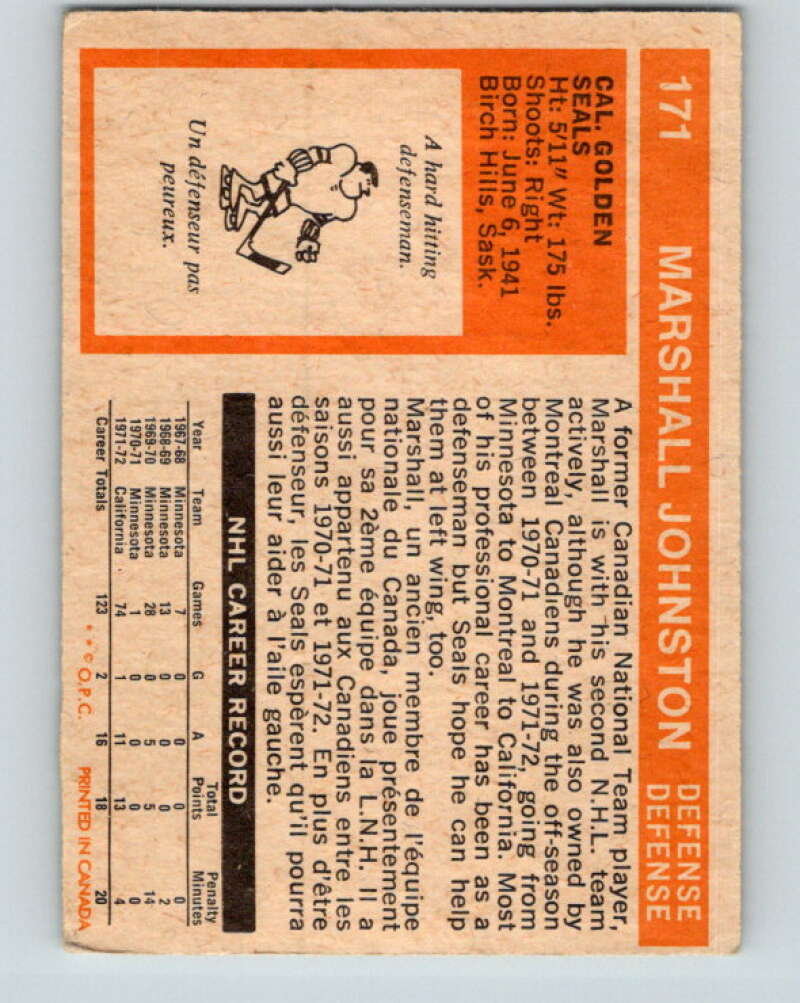 1972-73 O-Pee-Chee #171 Marshall Johnston RC Rookie California Golden Seals V4000
