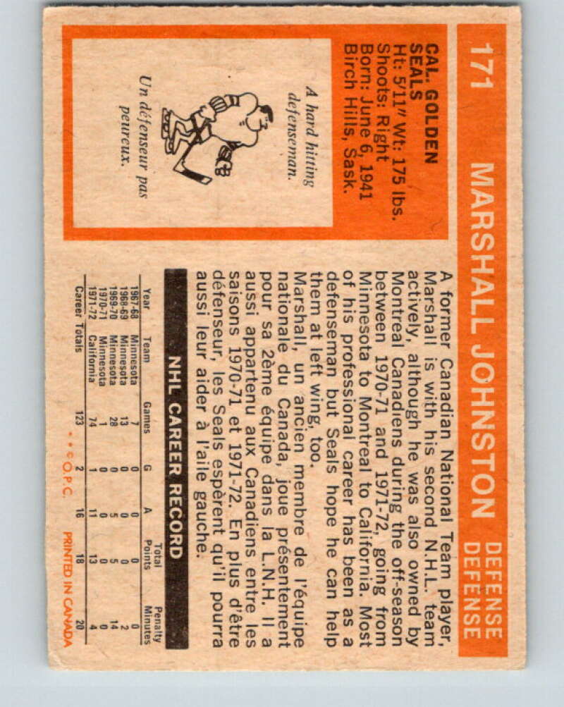 1972-73 O-Pee-Chee #171 Marshall Johnston RC Rookie California Golden Seals V4001