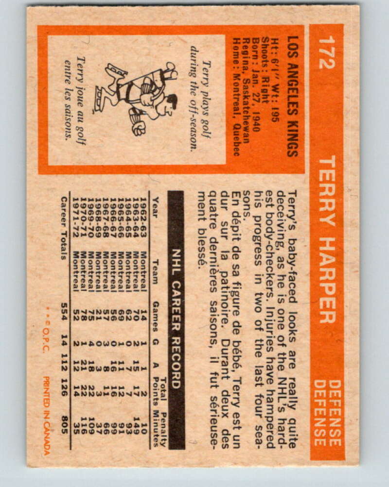 1972-73 O-Pee-Chee #172 Terry Harper Los Angeles Kings V4003