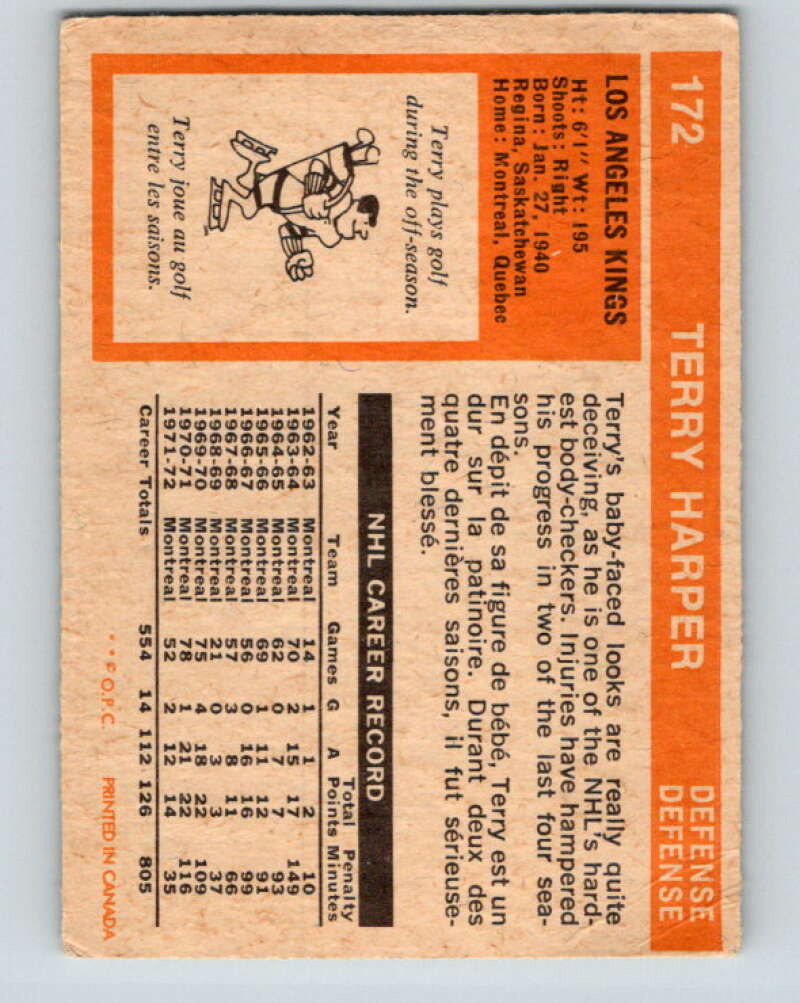 1972-73 O-Pee-Chee #172 Terry Harper Los Angeles Kings V4005