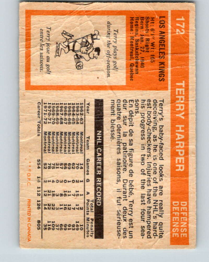 1972-73 O-Pee-Chee #172 Terry Harper Los Angeles Kings V4006