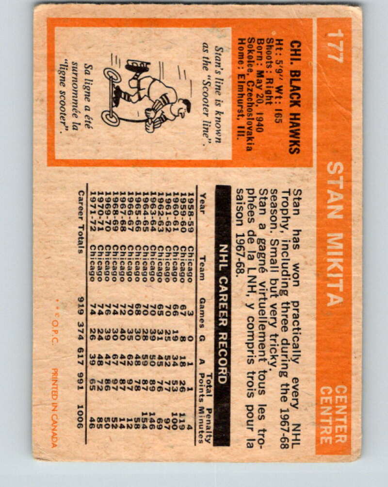 1972-73 O-Pee-Chee #177 Stan Mikita Chicago Blackhawks V4020