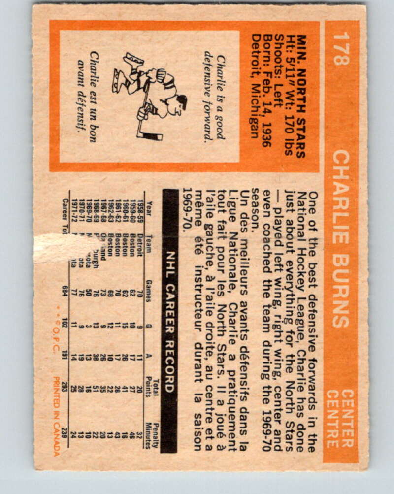 1972-73 O-Pee-Chee #178 Charlie Burns Minnesota North Stars V4021
