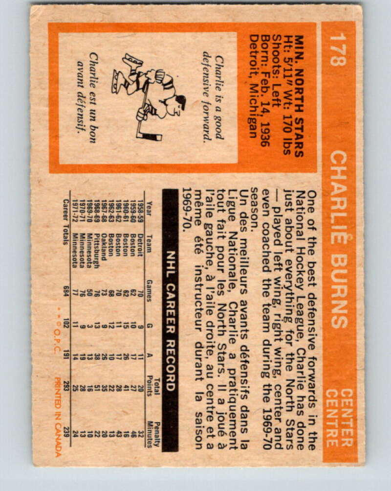 1972-73 O-Pee-Chee #178 Charlie Burns Minnesota North Stars V4022