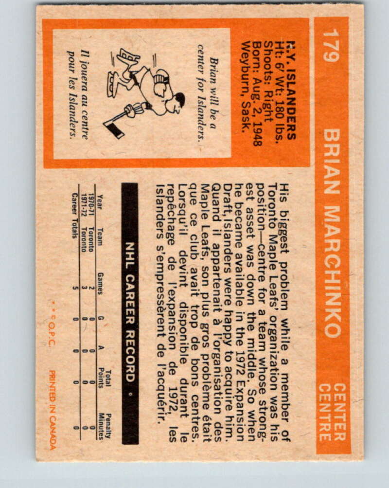 1972-73 O-Pee-Chee #179 Brian Marchinko RC Rookie New York Islanders V4026