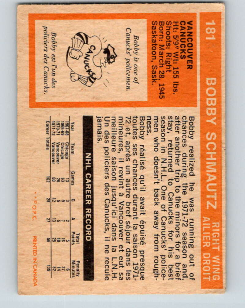 1972-73 O-Pee-Chee #181 Bobby Schmautz RC Rookie Vancouver Canucks V4036